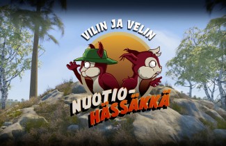 Kaksi piirrosoravaa ja teksti "Vilin ja Velin nuotiohässäkkä"