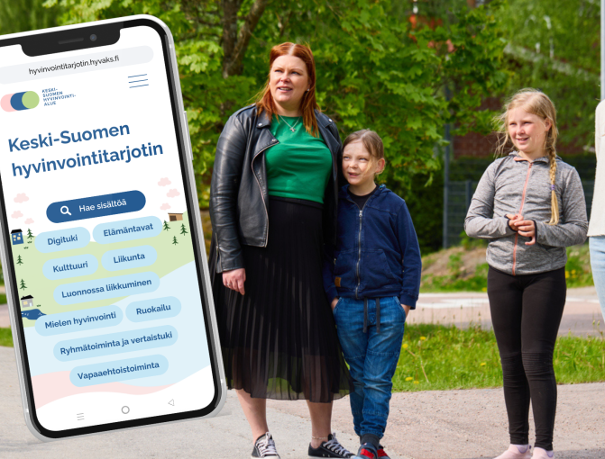 Äiti lasten kanssa ulkona, kuvan päällä kännykän muotoinen kortti Keski-Suomen hyvinvointitarjottimesta.