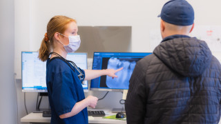 Ammattilainen näyttää asiakkaalle röntgenkuvaa hampaista.