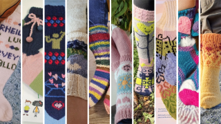 Villasukkakilpailun 10 finalistia kuvakollaasissa. Villasukkamallien tarkemmat kuvaukset löytyvät äänestyslomakkeelta.