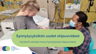 Synnytysyksikön uudet ohjausvideot: Tilannekuva synnytyksestä. Synnyttäjä istuu vuoteella ja tukihenkilö pitää häntä kädestä.