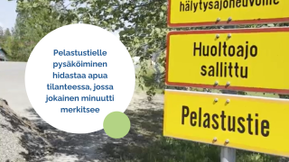 Pelastustiekyltti ja teksti: Pelastustielle pysäköiminen hidastaa apua tilanteessa, jossa jokainen minuutti merkitsee