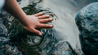 Käsi lammen pintaa vasten.