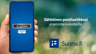 Puhelin ja teksti "Sähköinen postilaatikkosi viranomaisviestintään - Suomi.fi"